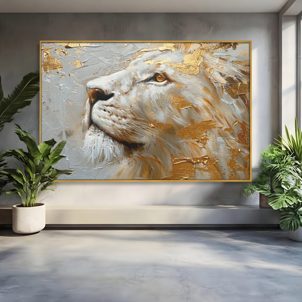 Tablou canvas cu pictura cu profil de leu alb si auriu, in rama de aluminiu auriu